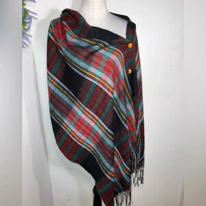 Black multicolored plaid convertible,3-button shawl w/ fringes 72”25.5” 4”fringe